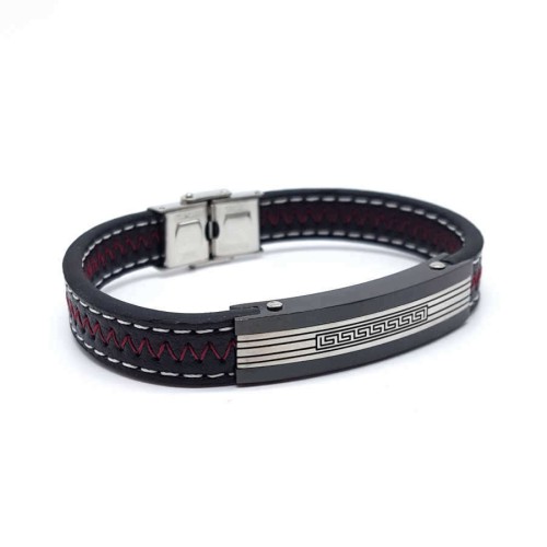 Steel and Black Striped Leather Men's Bracelet - CNG Jewels (1)