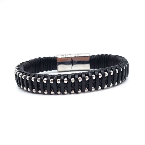 Steel and Black Striped Thick Leather Men's Bracelet - CNG Jewels (1)
