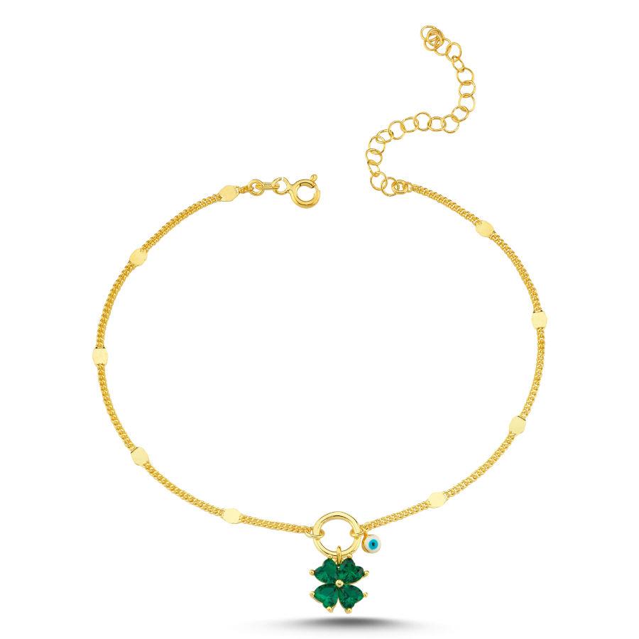 Charm Dört Yaprak Yonca Nazar Boncuklu Gold Gümüş Halhal - CNG Jewels