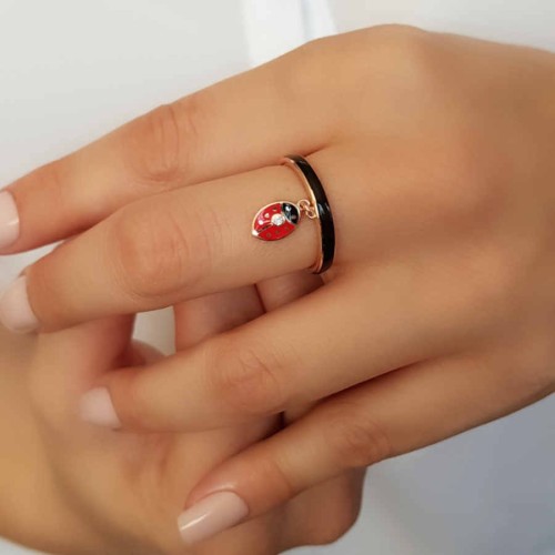 Black Enamel Ladybug Silver Women's Ring - CNG Jewels