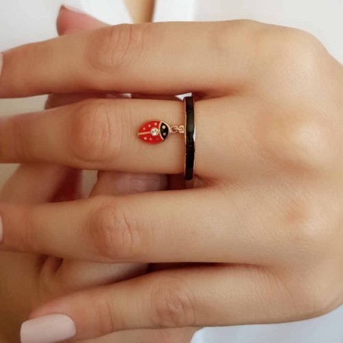 Black Enamel Ladybug Silver Women's Ring - CNG Jewels (1)