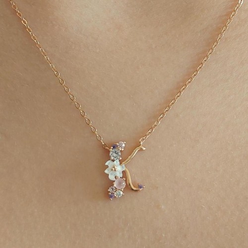 Floral Letter K Silver Women's Necklace - CNG Jewels