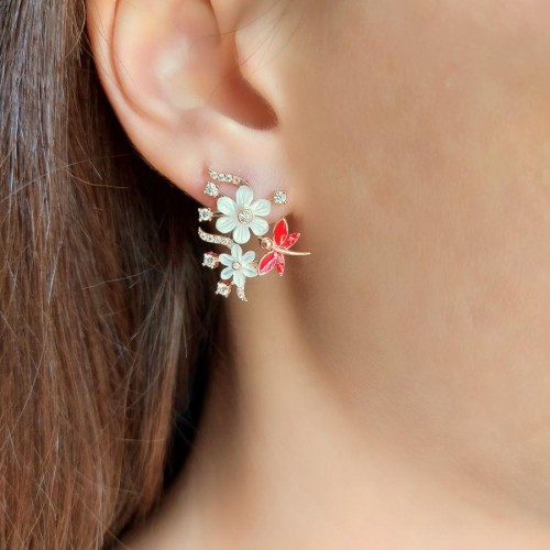 CNG Jewels - Çiçekli Kırmızı Yusufçuklu Gümüş Bayan Küpe