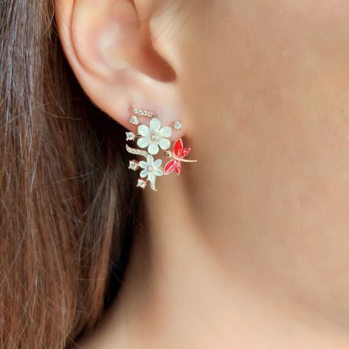 Çiçekli Kırmızı Yusufçuklu Gümüş Kadın Küpe - CNG Jewels
