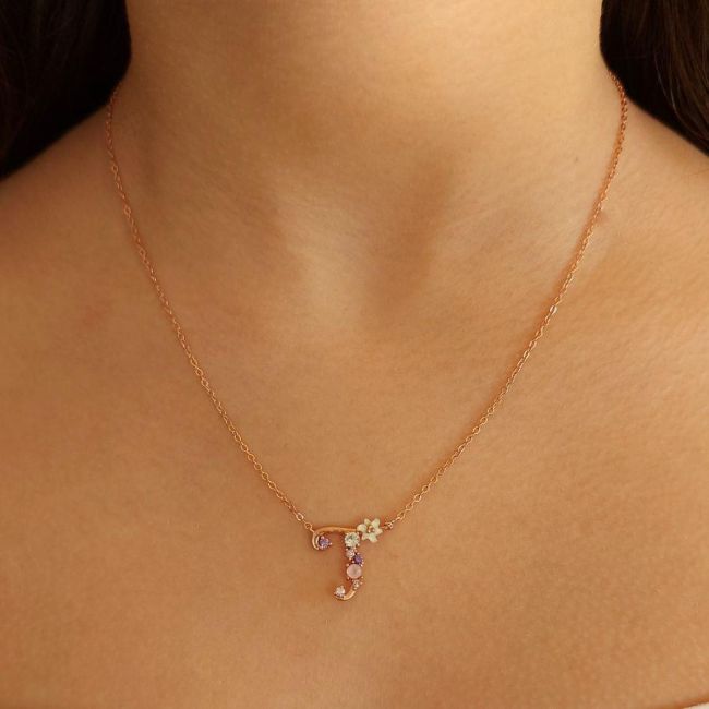 Çiçekli T Harfi Gümüş Kadın Kolye - 2