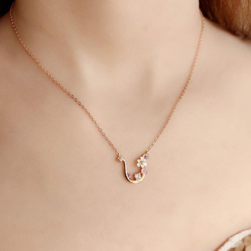 Floral Letter U Silver Women's Necklace - CNG Jewels