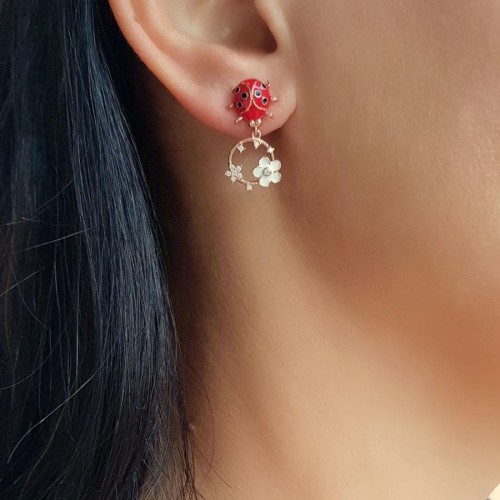 CNG Jewels - Çiçekli Uğur Böcekli Rose Gümüş Bayan Küpe
