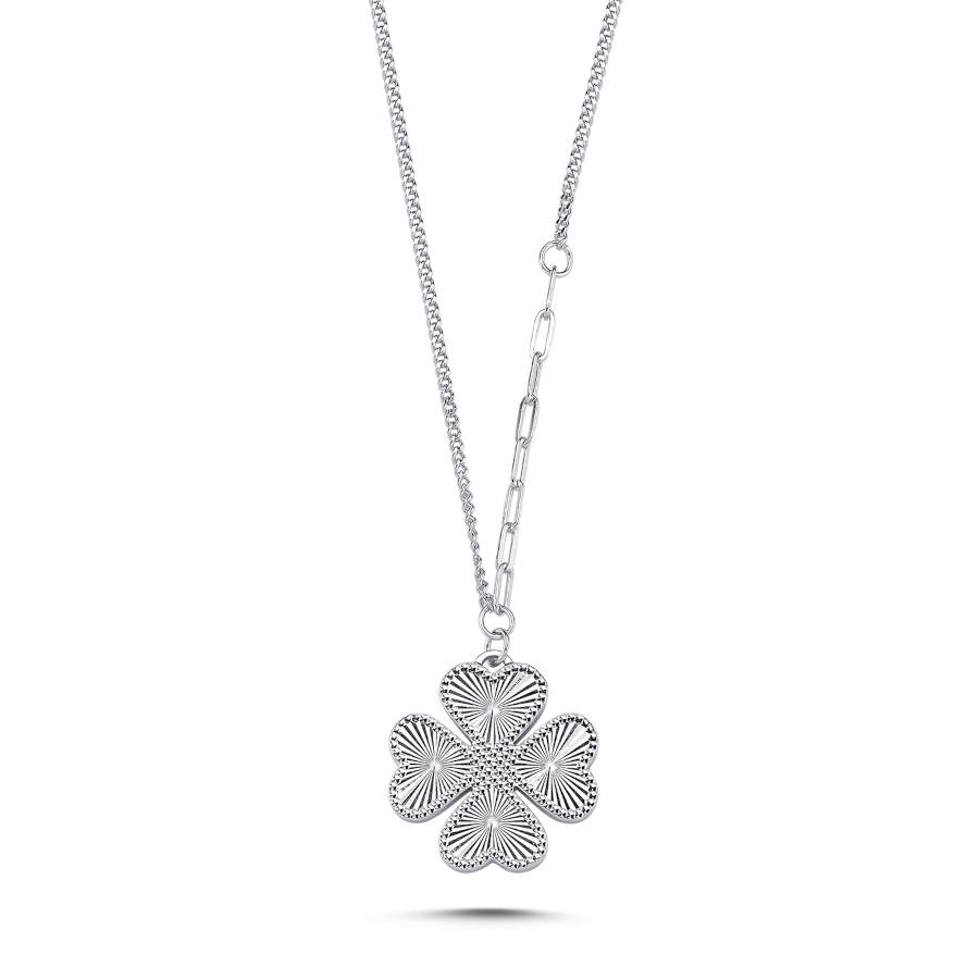 Double-Sided Shiny Embroidered Four Leaf Clover Women's Silver Necklace - CNG Jewels