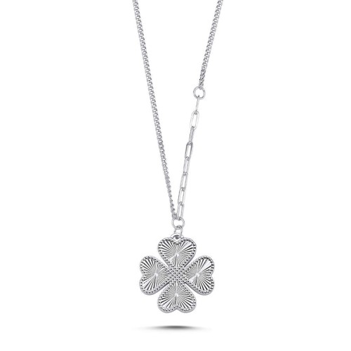 Double-Sided Shiny Embroidered Four Leaf Clover Women's Silver Necklace - CNG Jewels