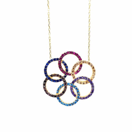 Olympic Rings Gold Necklace with Colorful Stones - 1