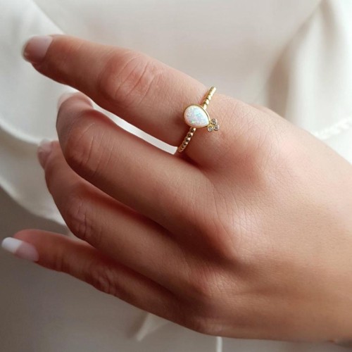 Damla Beyaz Opal Gold Gümüş Kadın Yüzük - 1