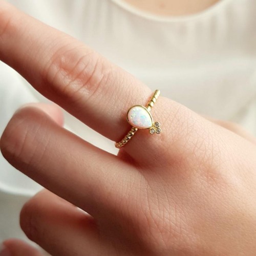 Damla Beyaz Opal Gold Gümüş Kadın Yüzük - 2