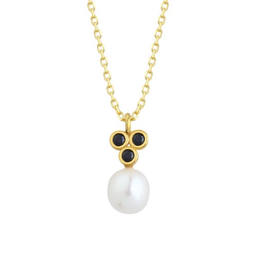 Drop Real Pearl Black Tria Gold Women's Silver Necklace - CNG Jewels