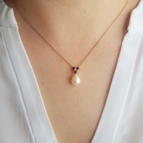 Damla Gerçek İnci Black Tria Rose Kadın Gümüş Kolye - 2