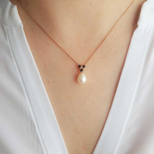 Damla Gerçek İnci Black Tria Rose Kadın Gümüş Kolye - 3