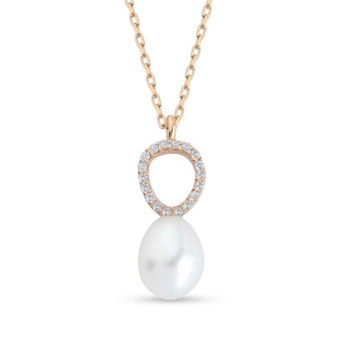 Damla Gerçek İnci Rose Minimal Taşlı Kadın Gümüş Kolye - CNG Jewels