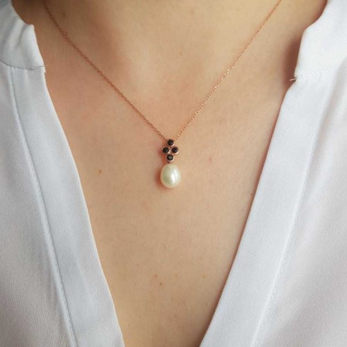 Drop Real Pearl Black Diamond Rose Women's Silver Necklace - CNG Jewels (1)