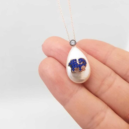 Damla İnci Üzeri Fil Gümüş Kadın Kolye - 1