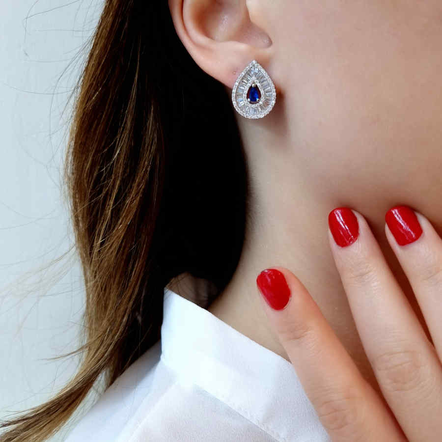 Damla Mavi Baget Trapez Gümüş Kadın Küpe - CNG Jewels (1)