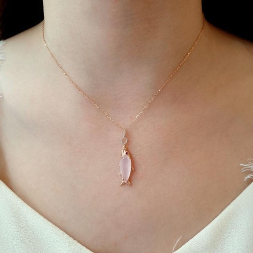 Damla Pembe Kuvars Taşlı Balık Rosegold Gümüş Kadın Kolye - 2