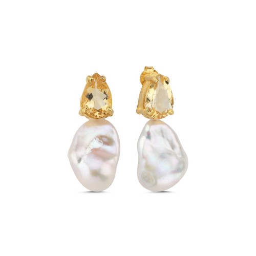 Drop Citrine Baroque Pearl Design Silver Women's Earrings - CNG Jewels