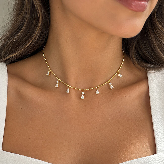  Damla Taşlı Gold Choker Gümüş Kolye - 2