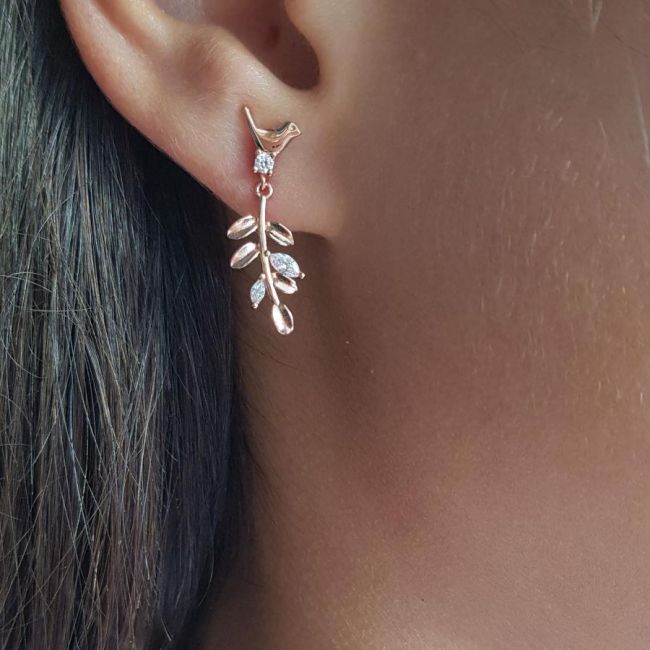 Defne Yaprağı Kuşlu Gümüş Kadın Küpe - 1