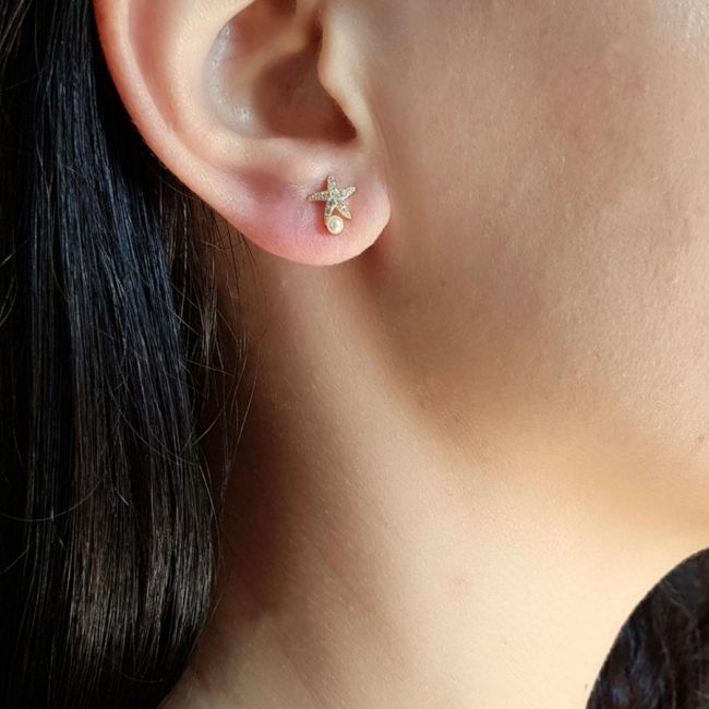 Deniz Yıldızı İstiridye Gold Gümüş Kadın Küpe - 3