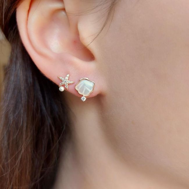 Deniz Yıldızı İstiridye Rose Gümüş Kadın Küpe - 2