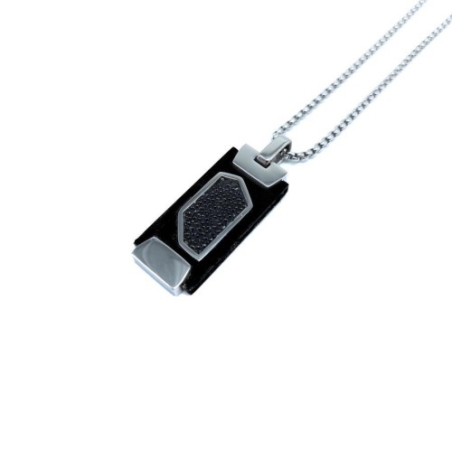CNG Jewels - Desenli Siyah Beyaz Dikdörtgen Plaka Çelik Erkek Kolye