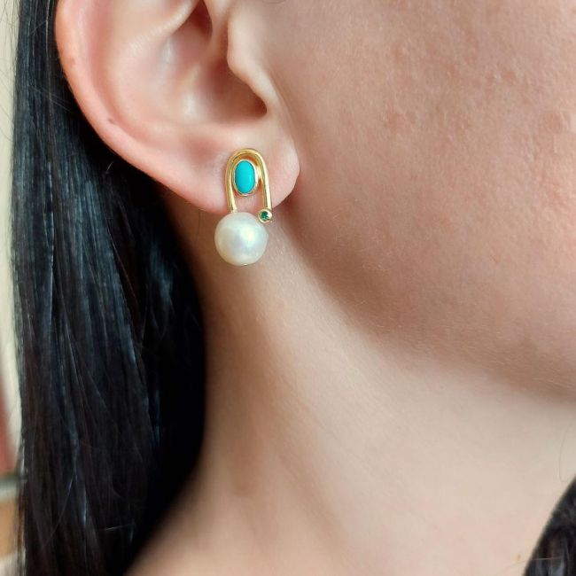 Turquoise Perla Real Pearl Women's Silver Earrings - 1