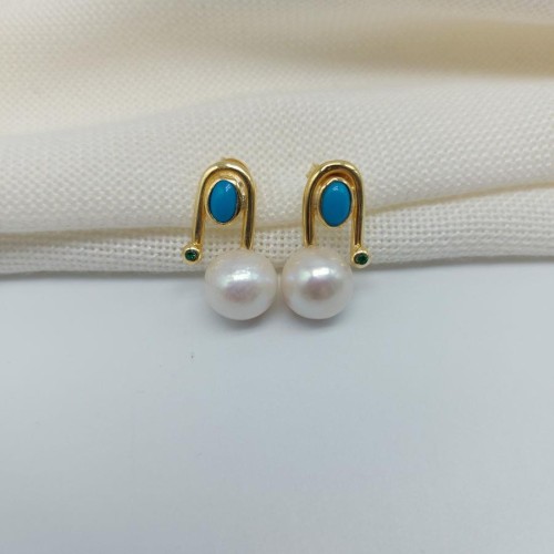 Turquoise Perla Real Pearl Women's Silver Earrings - 2