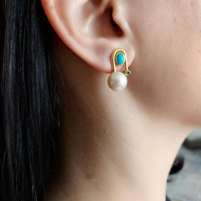 Turquoise Perla Real Pearl Women's Silver Earrings - 3