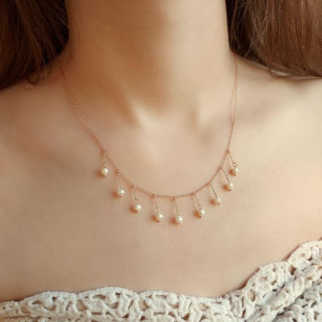 Designed Hanging Natural Pearl Rose Silver Women's Necklace - 1