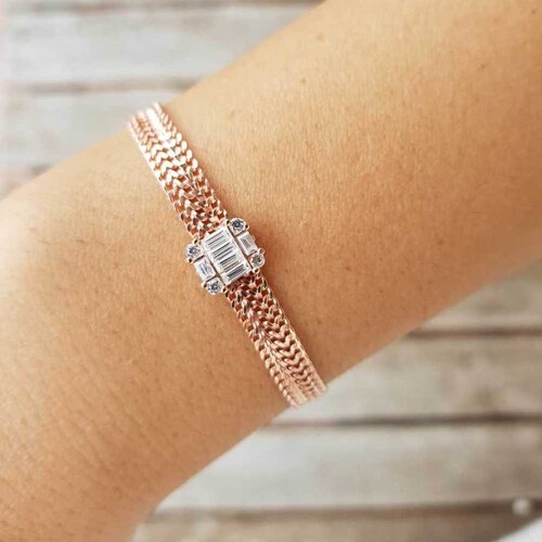 CNG Jewels - Dikdörtgen Ortası Baget Taşlı Hasır Rose Gümüş Bayan Bileklik