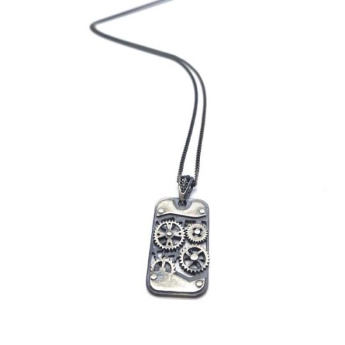 CNG Jewels - Dikdörtgen Saat Mekanizması Modeli Uzun Zincirli Gümüş Erkek Kolye