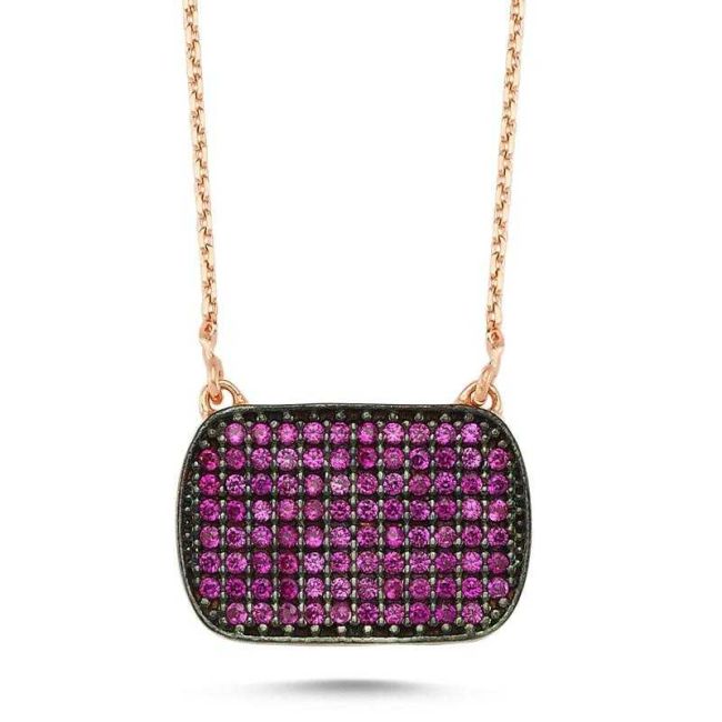 Dikdörtgen Yakut Taşlı Gümüş Kadın Kolye - 1