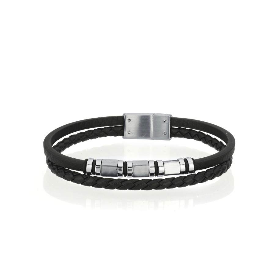 Dilimli Çelik İkili Derili Erkek Bilekliği - CNG Jewels
