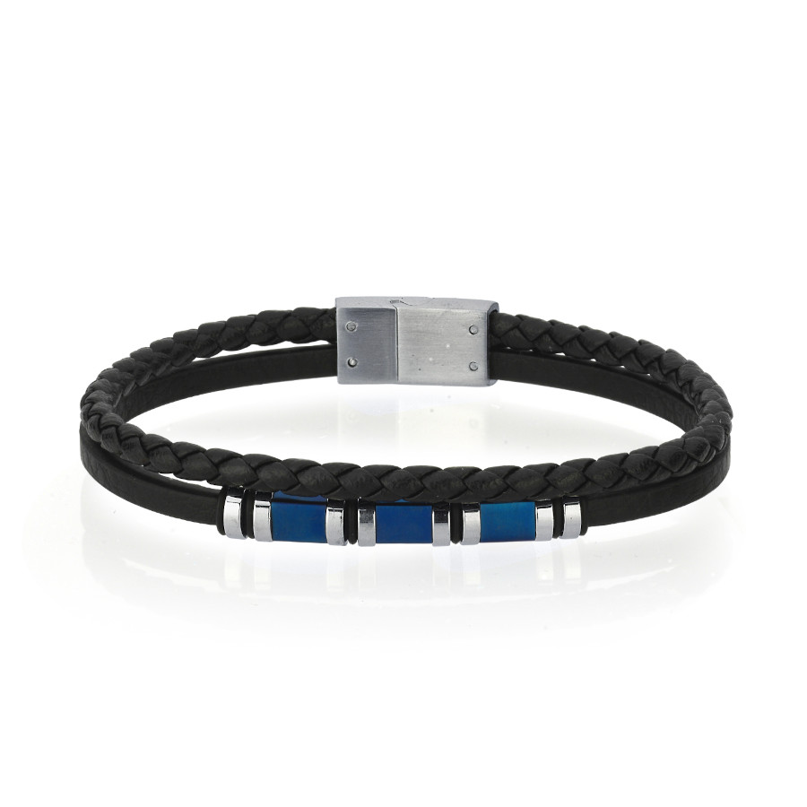 Dilimli Mavi Çelik İkili Derili Erkek Bilekliği - CNG Jewels
