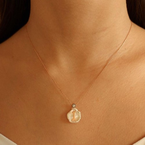 Doğal İnci Üzeri I Harfi Gümüş Kadın Kolye - 1