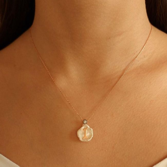 Doğal İnci Üzeri I Harfi Gümüş Kadın Kolye - 1