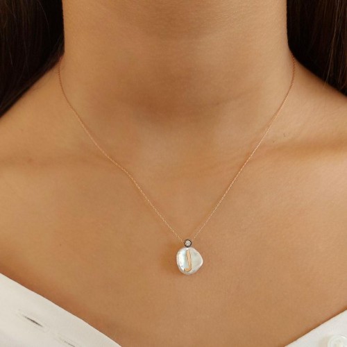 Doğal İnci Üzeri J Harfi Gümüş Kadın Kolye - 2