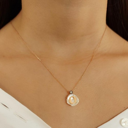 Doğal İnci Üzeri O Harfi Gümüş Kadın Kolye - 2