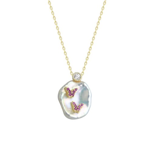 CNG Jewels - Doğal İncili Mini Pembe Kelebekler Gümüş Kadın Kolye