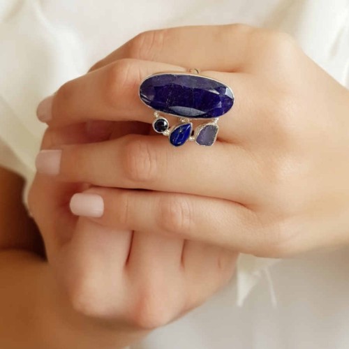 CNG Jewels - Doğal Lapis Lazuli Tanzanit Kyanit Taşlı Gümüş Bayan Yüzük
