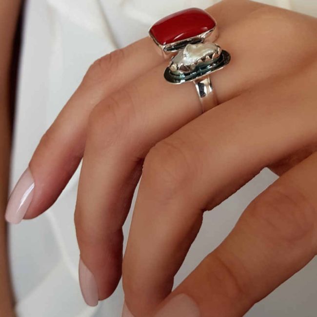 Doğal Mercan Gerçek İnci Tasarım Gümüş Yüzük - 2