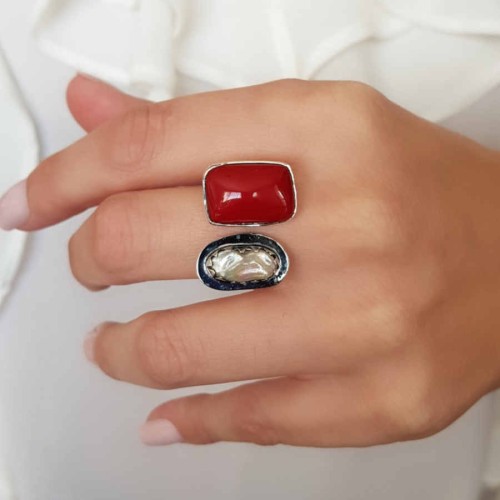Rectangular Natural Coral and Pearl Silver Women's Ring - CNG Jewels