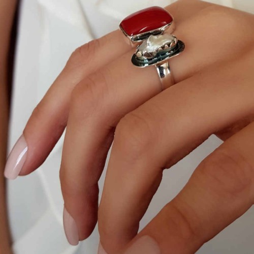 Rectangular Natural Coral and Pearl Silver Women's Ring - CNG Jewels (1)