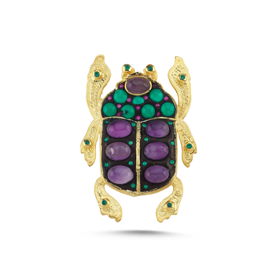 Doğal Taşlı Tasarım Scrabe Şans Böceği Gümüş Broş - CNG Jewels