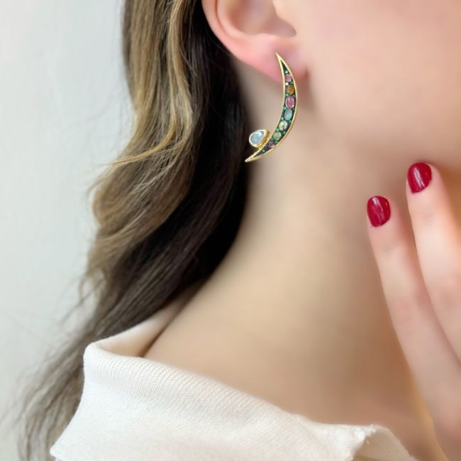 Doğal Turmalin Ay Hilal Özel Tasarım Kadın Gümüş Küpe - 2